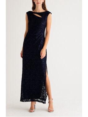 Connected Apparel Navy Sequin Lace Sheath Dress Size 12 NWT
